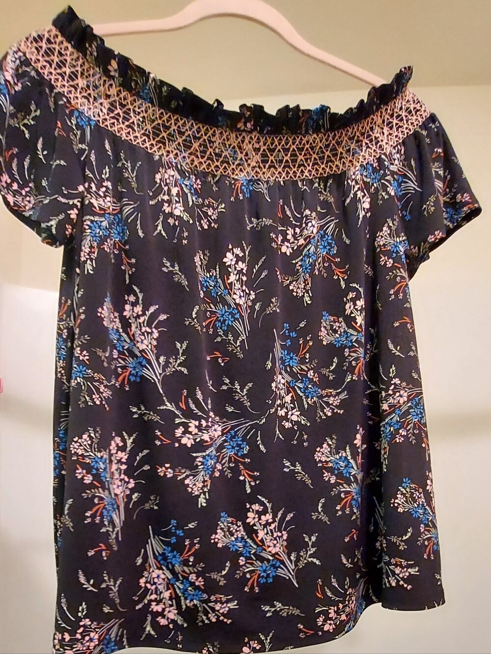 CeCe Black Off-Shoulder Floral Tunic with Pink & Blue Sprigs